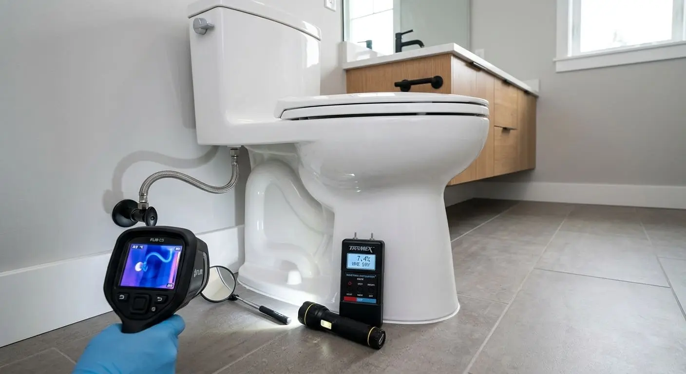 Technician using leak testing equipment to inspect a newly installed toilet for hidden leaks