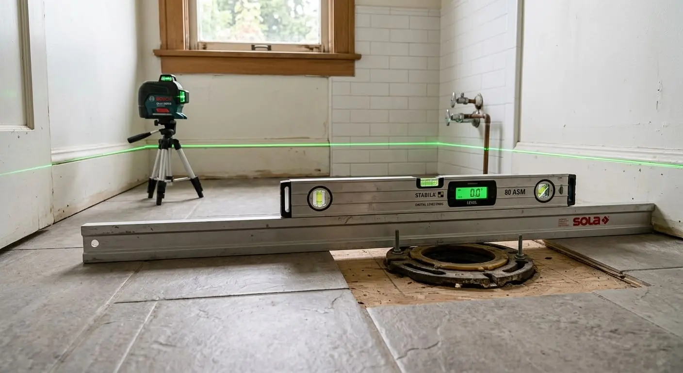 Laser leveling tools and digital level used for accurate toilet positioning
