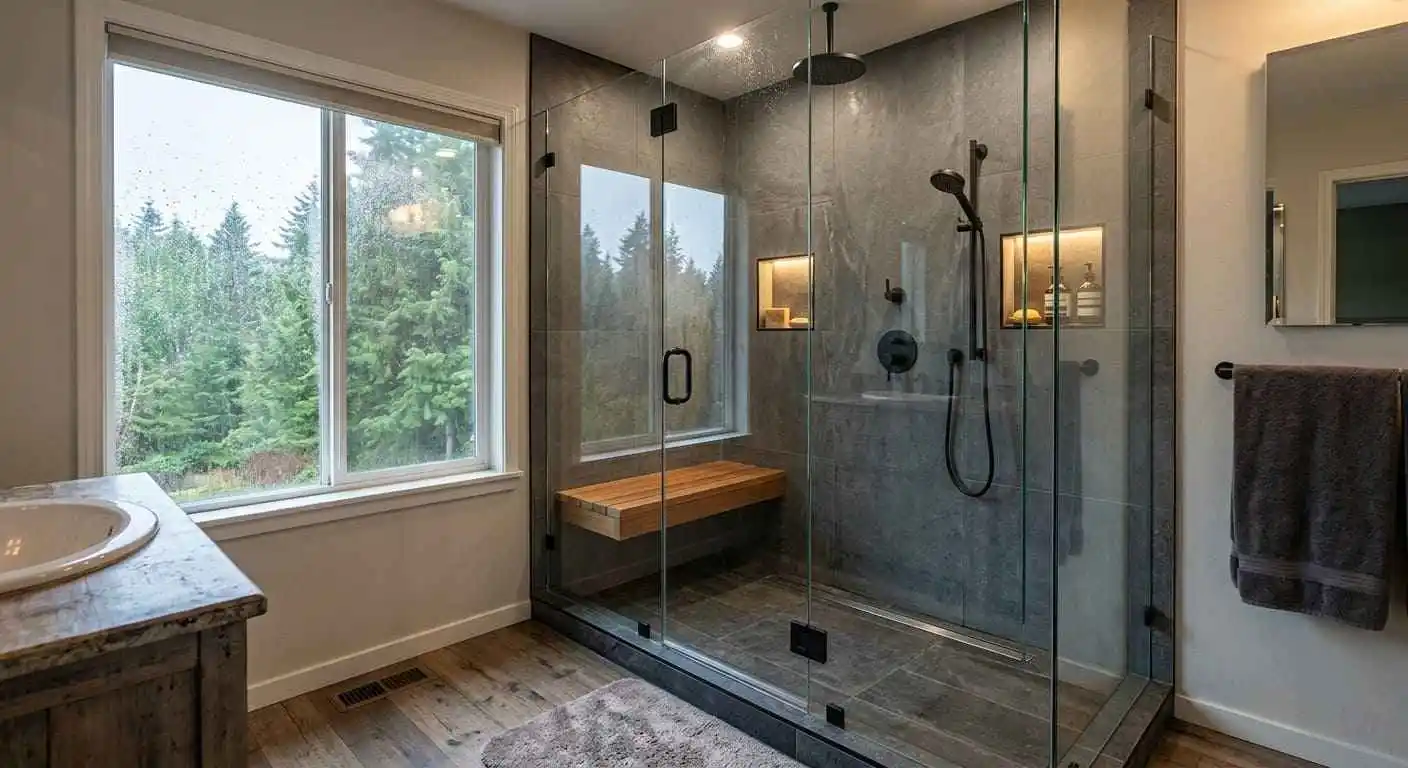 Custom walk-in shower remodeled by local shower remodeling specialists in Bellingham WA featuring frameless glass, built-in bench, and premium tile finishes