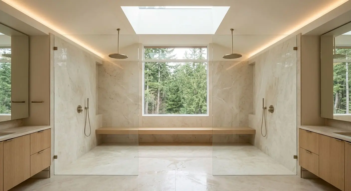 Luxury double walk-in shower with frameless glass enclosure, dual rainfall showerheads, skylight, and full-width bench seating