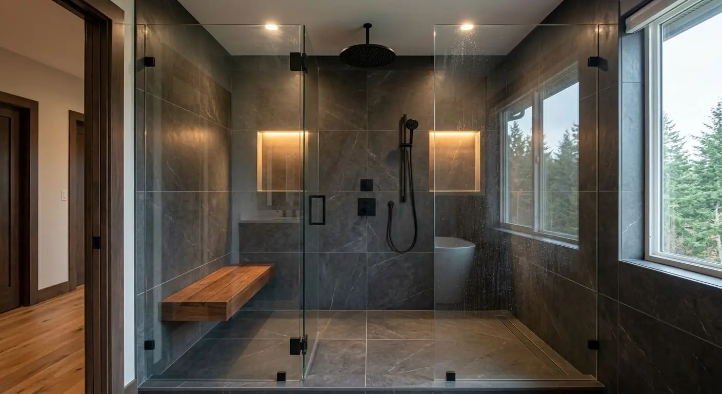 Luxury shower remodeling project featuring large-format tile walls, frameless glass enclosure, rainfall showerhead, and built-in bench
