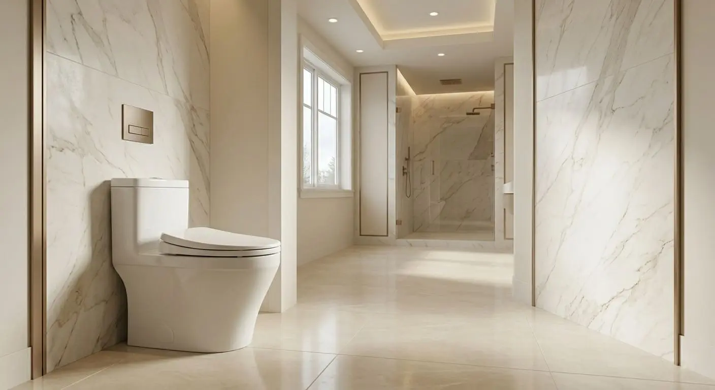 Modern high-efficiency toilet installed in a luxury bathroom with marble-look walls and contemporary finishes