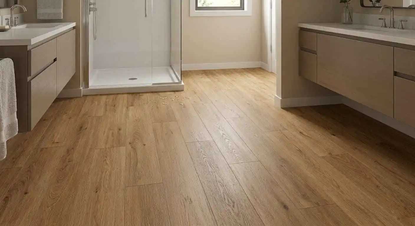 Luxury vinyl plank LVP bathroom floor installation in Bellingham WA featuring waterproof wood-look flooring designed to protect against moisture and humidity