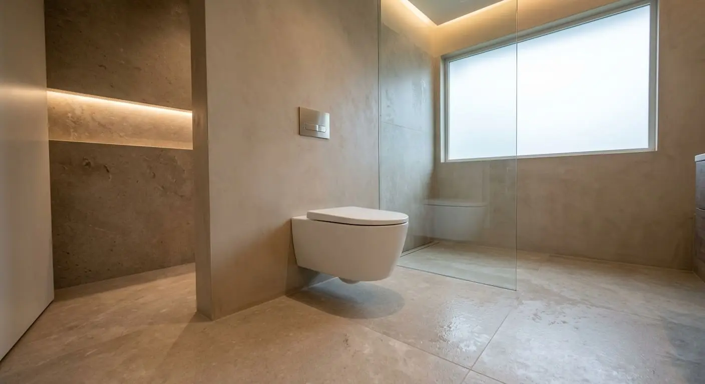 Wall-mounted toilet installation in a modern Bellingham bathroom featuring a floating toilet, large-format tile flooring, and space-saving design