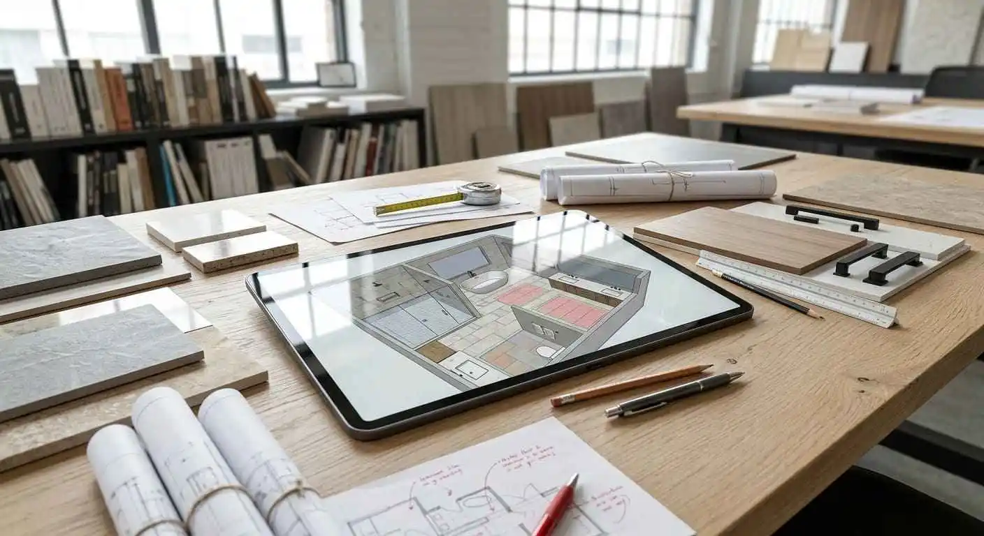 Master bathroom flooring renovation planning in Bellingham WA with 3D bathroom layout design, flooring material selections, construction drawings, and project coordination documents