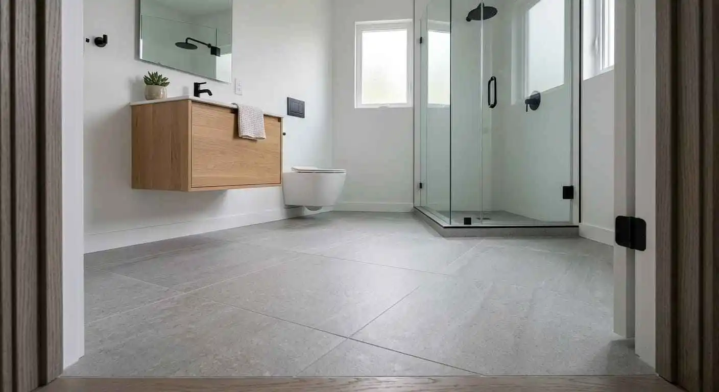 Modern porcelain bathroom flooring with frameless glass shower and floating wood vanity in a Bellingham WA home