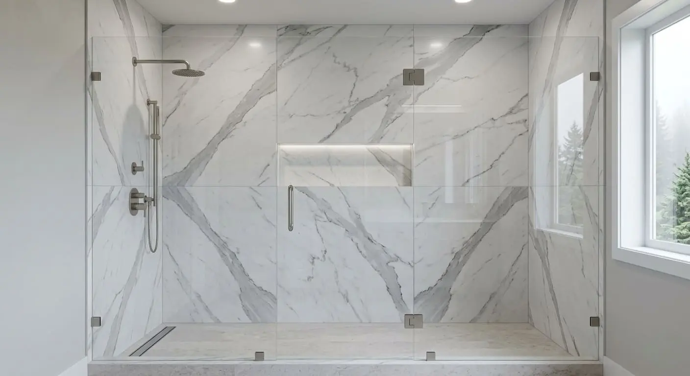 Modern shower remodeling project with frameless glass enclosure, large marble-look wall panels, recessed niche, and linear drain