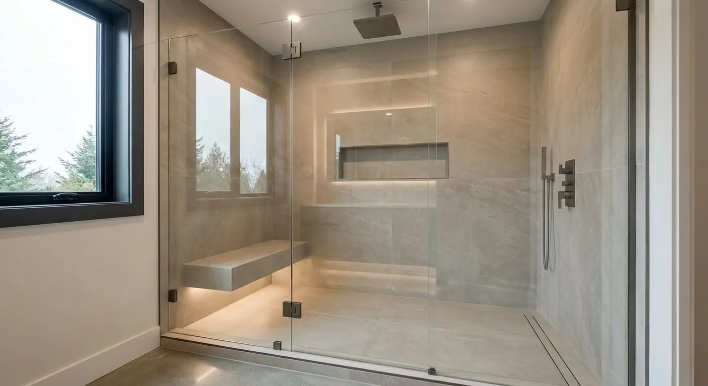 Modern shower renovation featuring frameless glass enclosure, floating bench, recessed niche, and large-format tile walls