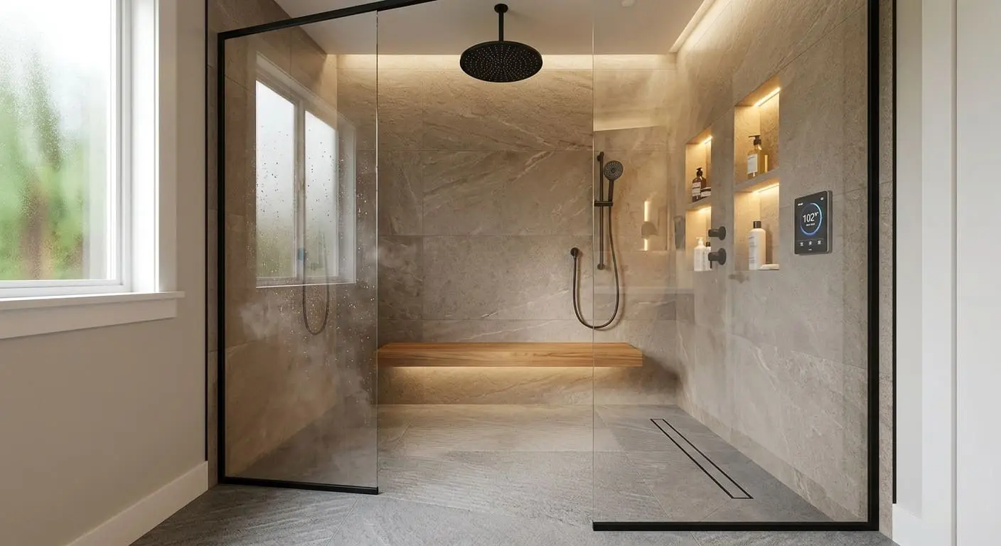 Modern shower upgrade with frameless glass enclosure, floating bench, digital controls, recessed storage niches, and luxury fixtures