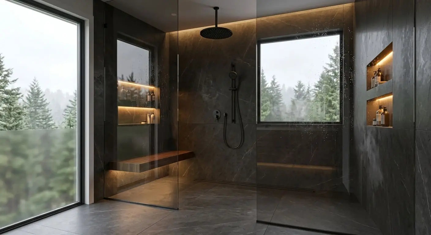 Modern walk-in shower with dark tile walls, frameless glass enclosure, built-in storage niches, and floating bench seat