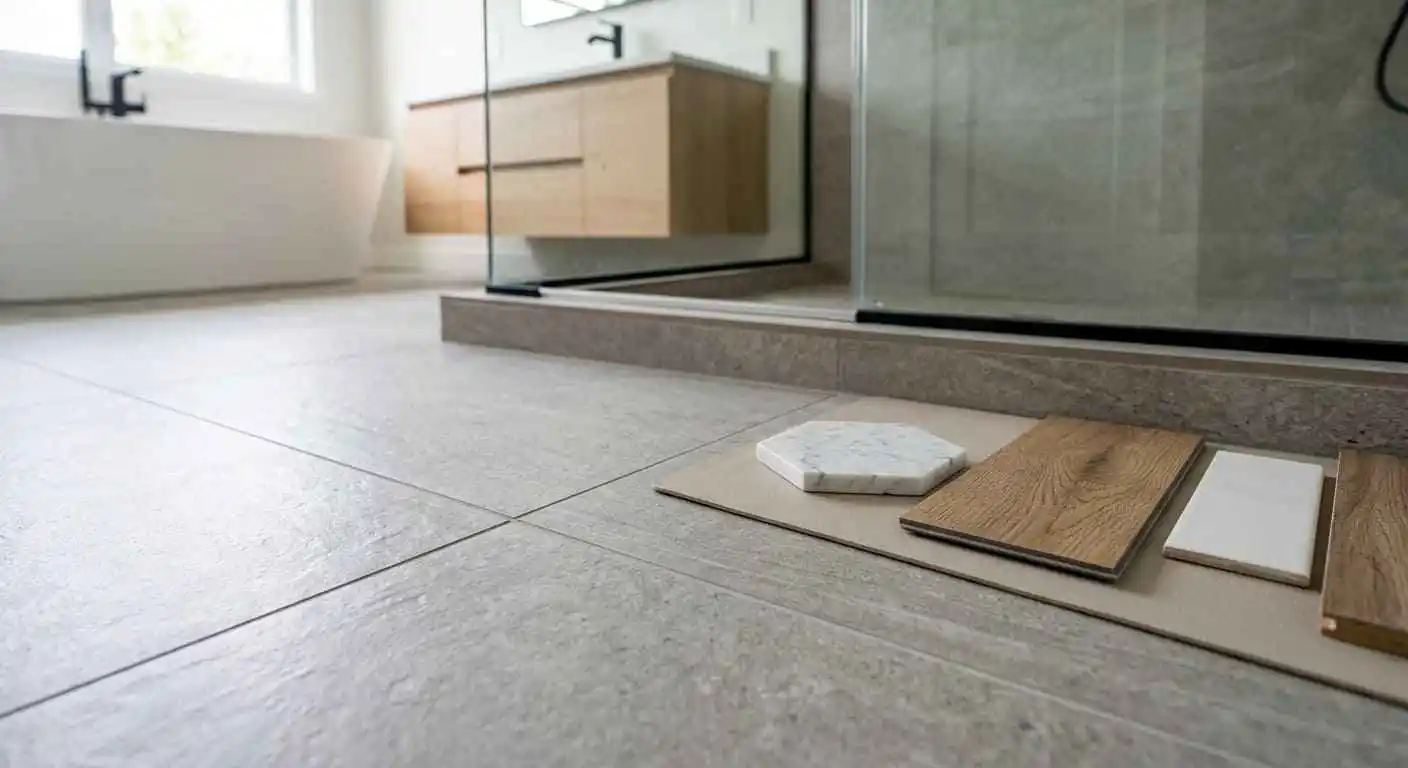 New bathroom floor installation in Bellingham WA featuring porcelain tile flooring with material samples for tile LVP laminate and natural stone options