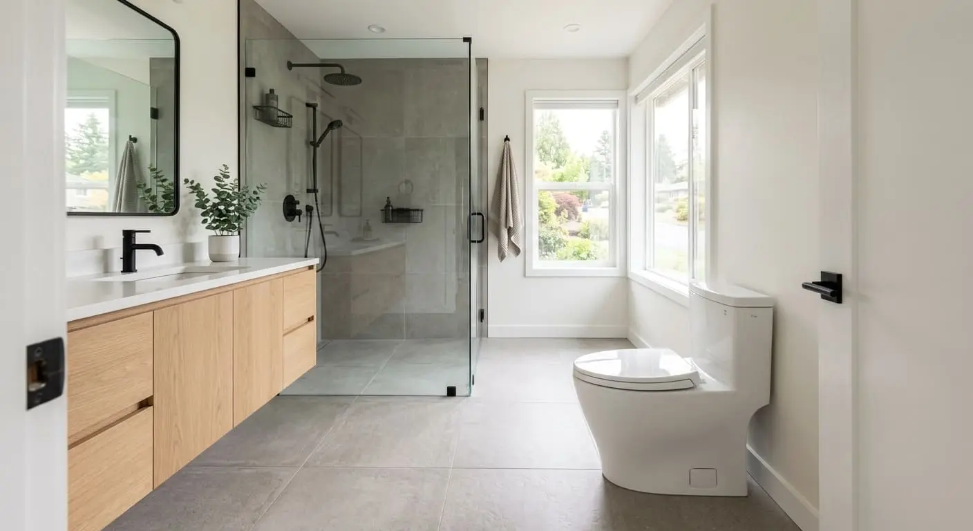 New residential toilet installation completed during a bathroom remodeling project in Bellingham WA