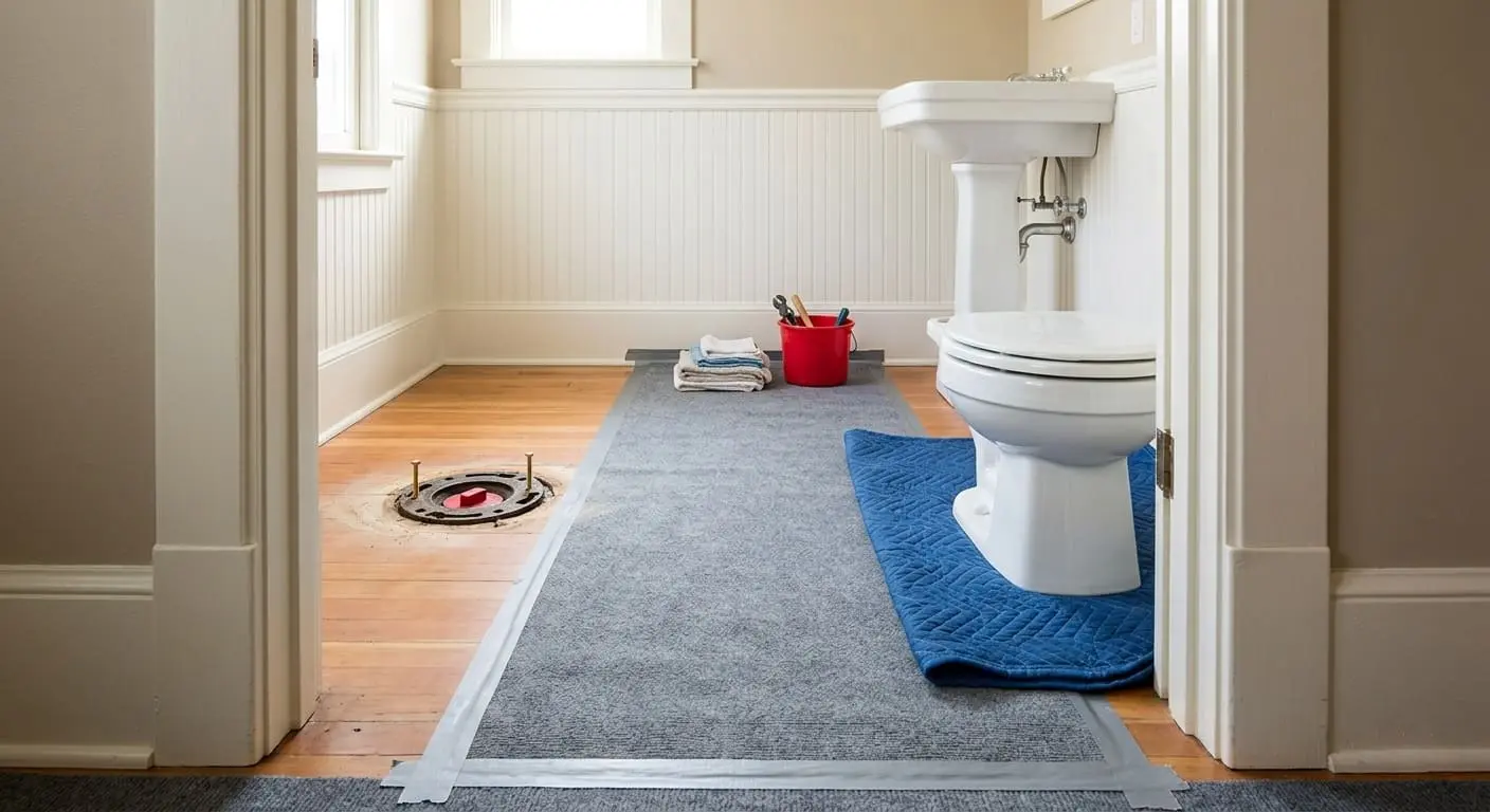 Old toilet removal and replacement preparation in a residential bathroom in Bellingham WA