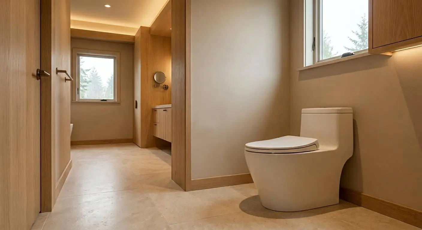 One-piece toilet installation in a modern residential bathroom with updated flooring and contemporary finishes