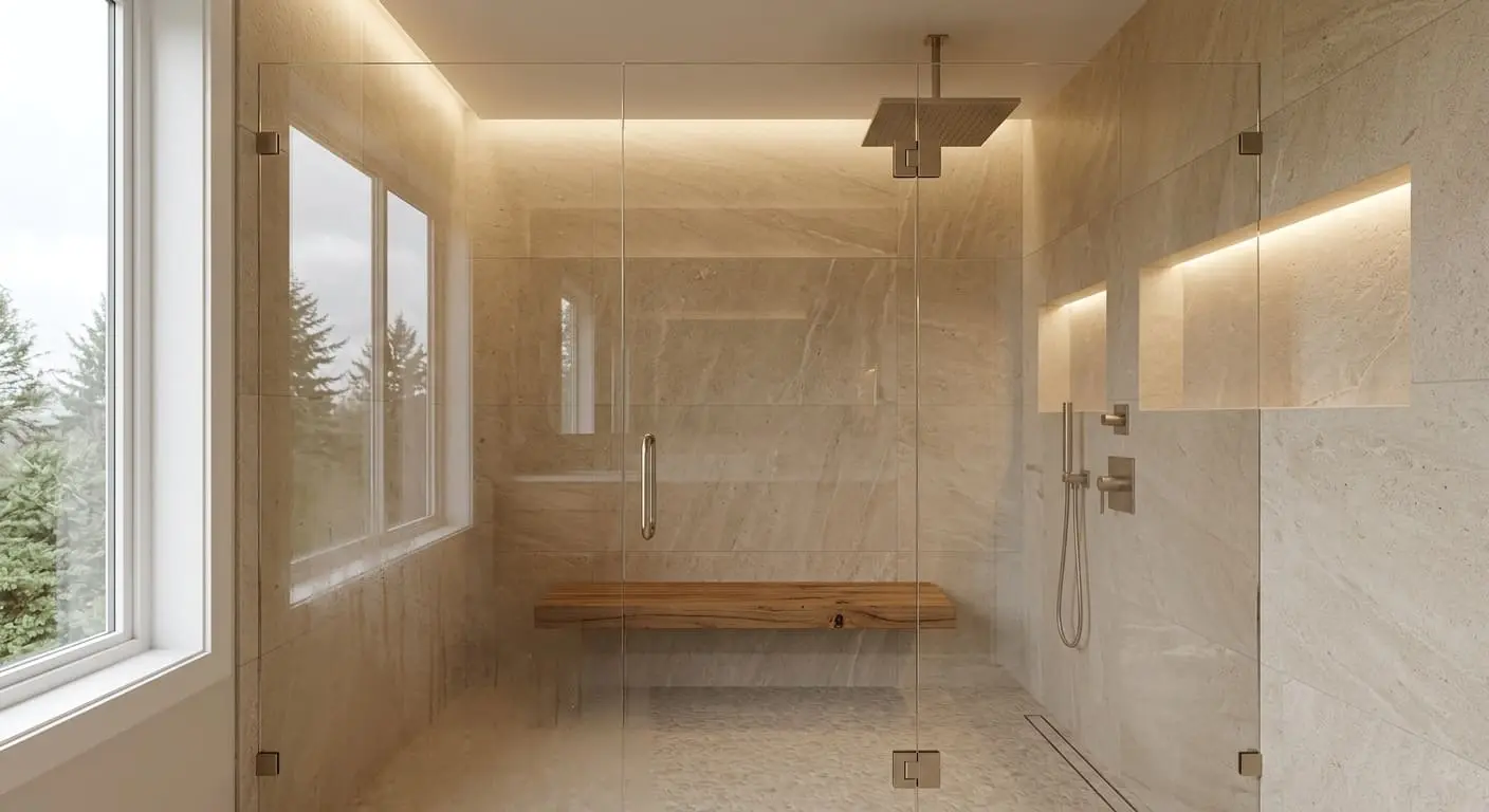Premium shower remodeling project featuring frameless glass enclosure, built-in bench, recessed storage niches, and large-format tile