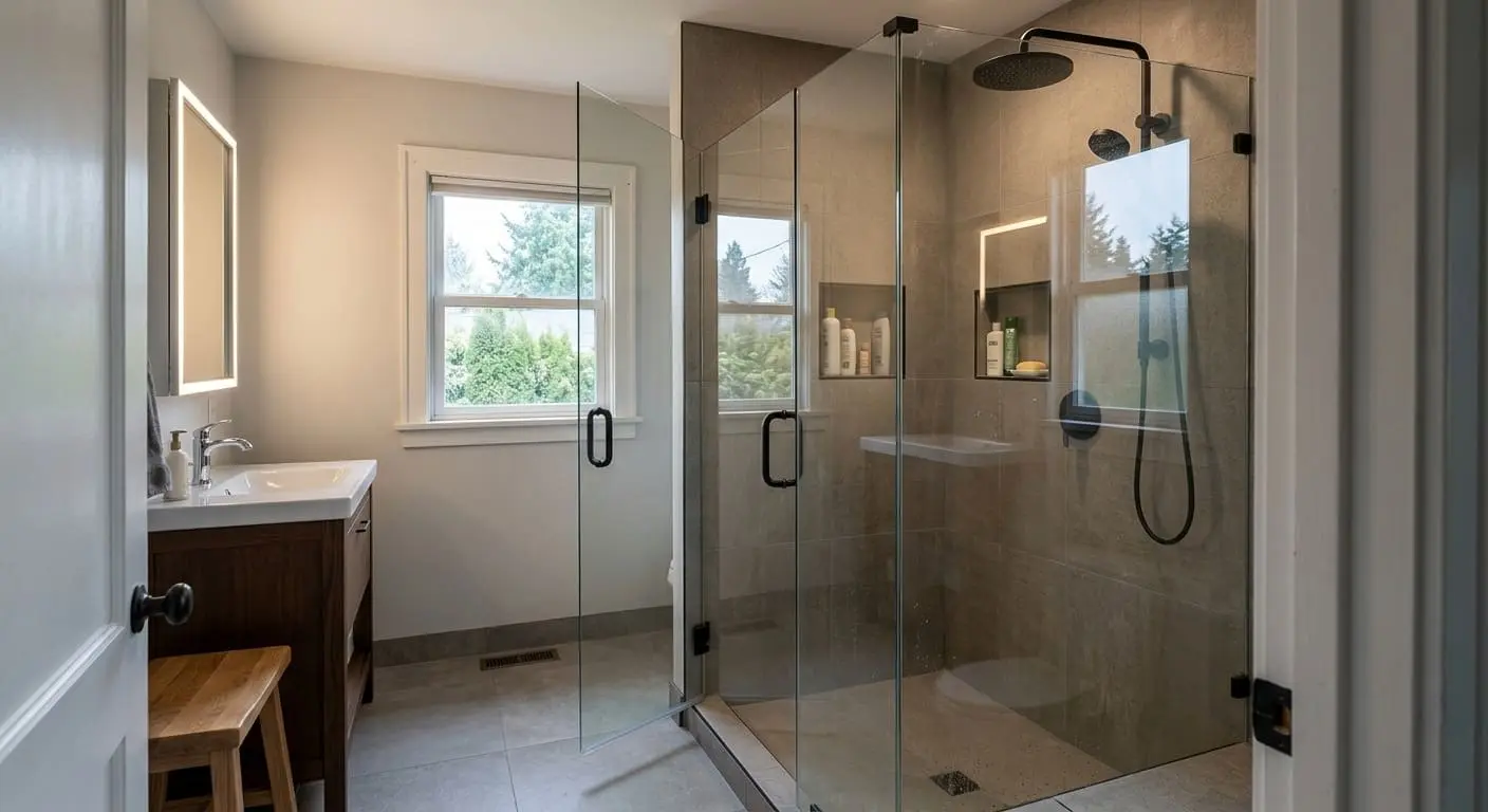 Frameless glass shower installation on Lettered Streets in Bellingham WA featuring modern walk-in shower enclosure and clear glass panels