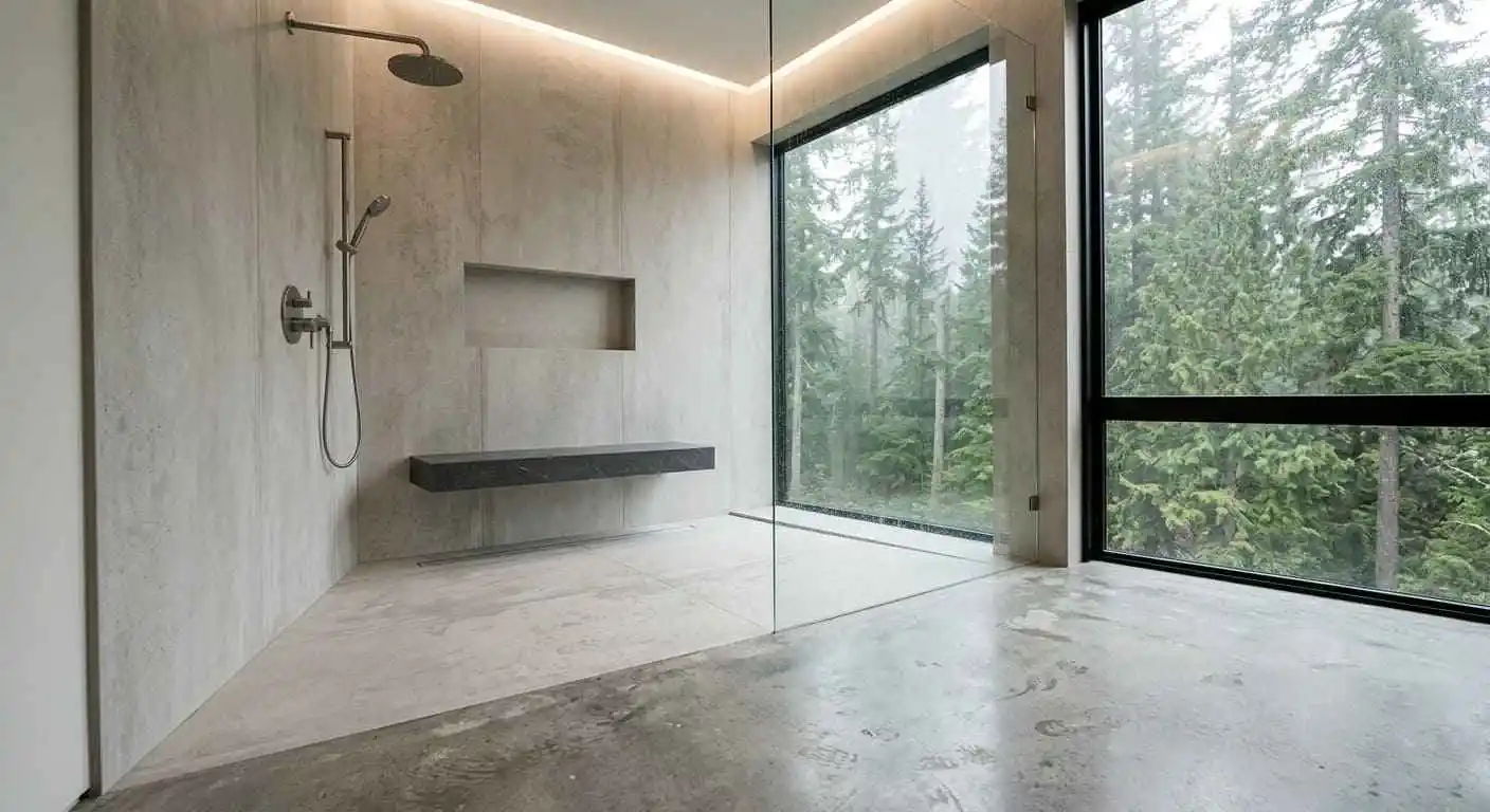 Modern walk-in shower with frameless glass enclosure, floating bench, recessed niche, and large forest-view window