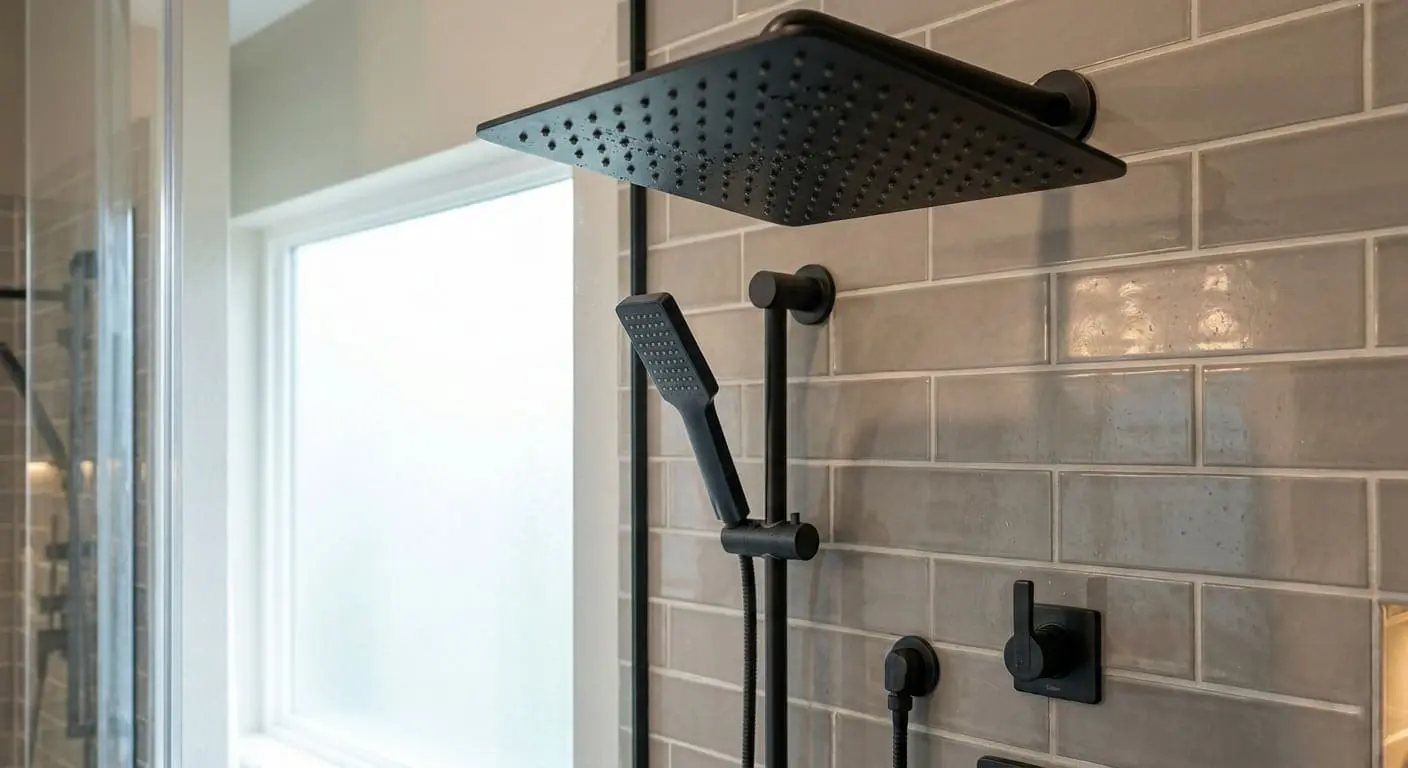 Modern shower fixture replacement in Bellingham WA featuring rainfall showerhead, handheld shower wand, and matte black shower controls