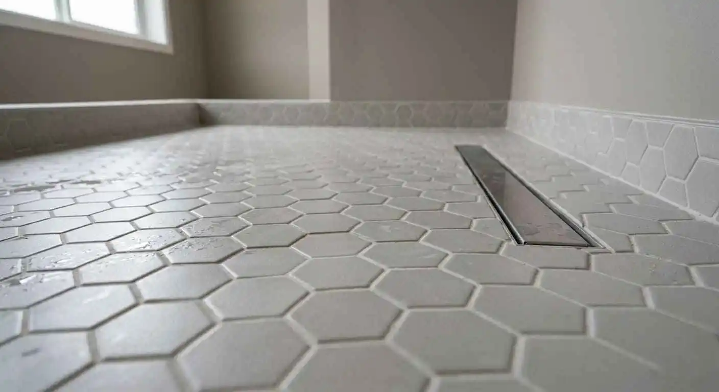 Waterproof shower floor tile installation in Bellingham WA featuring hexagon mosaic tile, linear drain system, and code-compliant shower floor slope for proper drainage