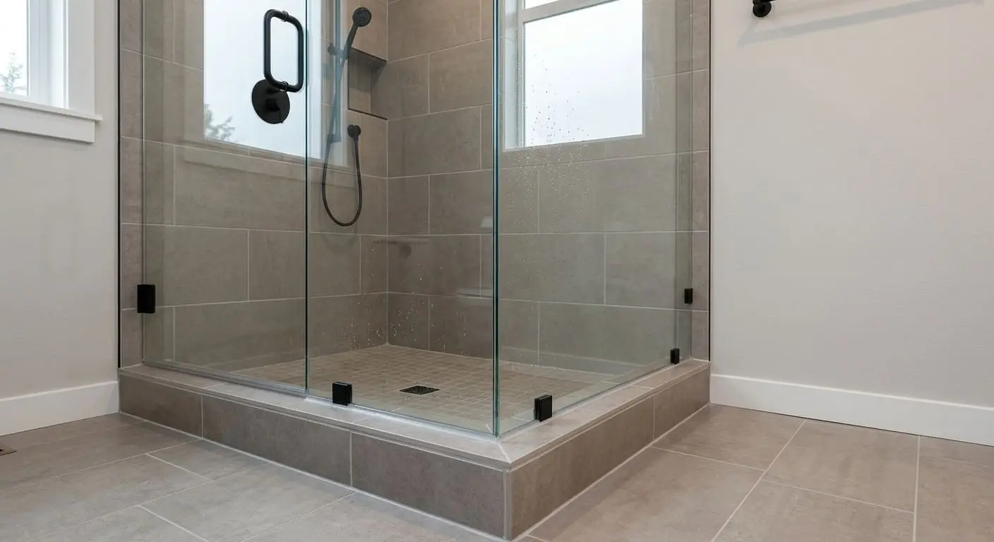 Shower leak repair service in Bellingham WA featuring repaired tiled shower base, waterproofed enclosure, and proper drainage system