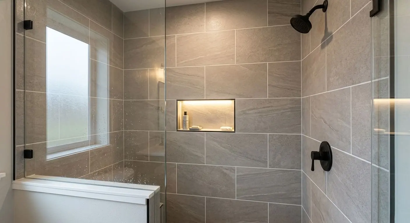 Shower tile replacement and upgrade project in  featuring new large-format wall tiles, frameless glass enclosure, and recessed shower niche