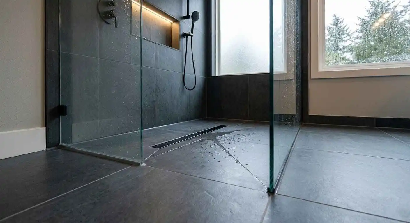 Shower waterproofing improvements in featuring waterproof shower floor, linear drain, sealed tile system, and frameless glass enclosure