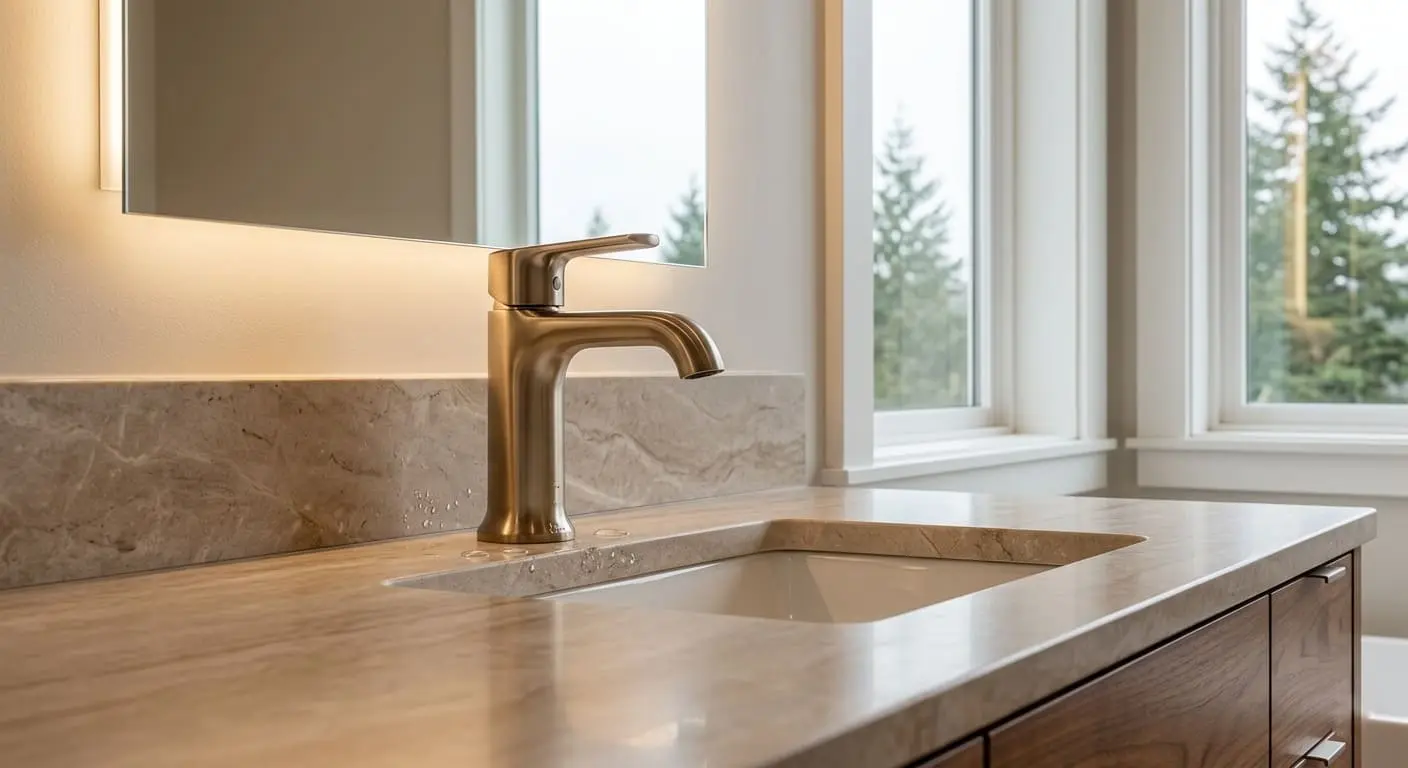 Single-handle bathroom faucet installation on a modern vanity sink  with upgraded fixture and countertop