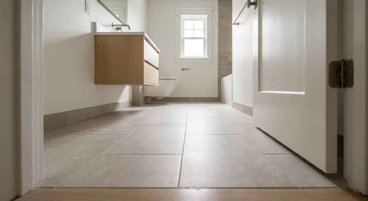 Small bathroom flooring solution in Bellingham WA featuring large format floor tiles installed in a compact bathroom to maximize visual space and reduce grout lines