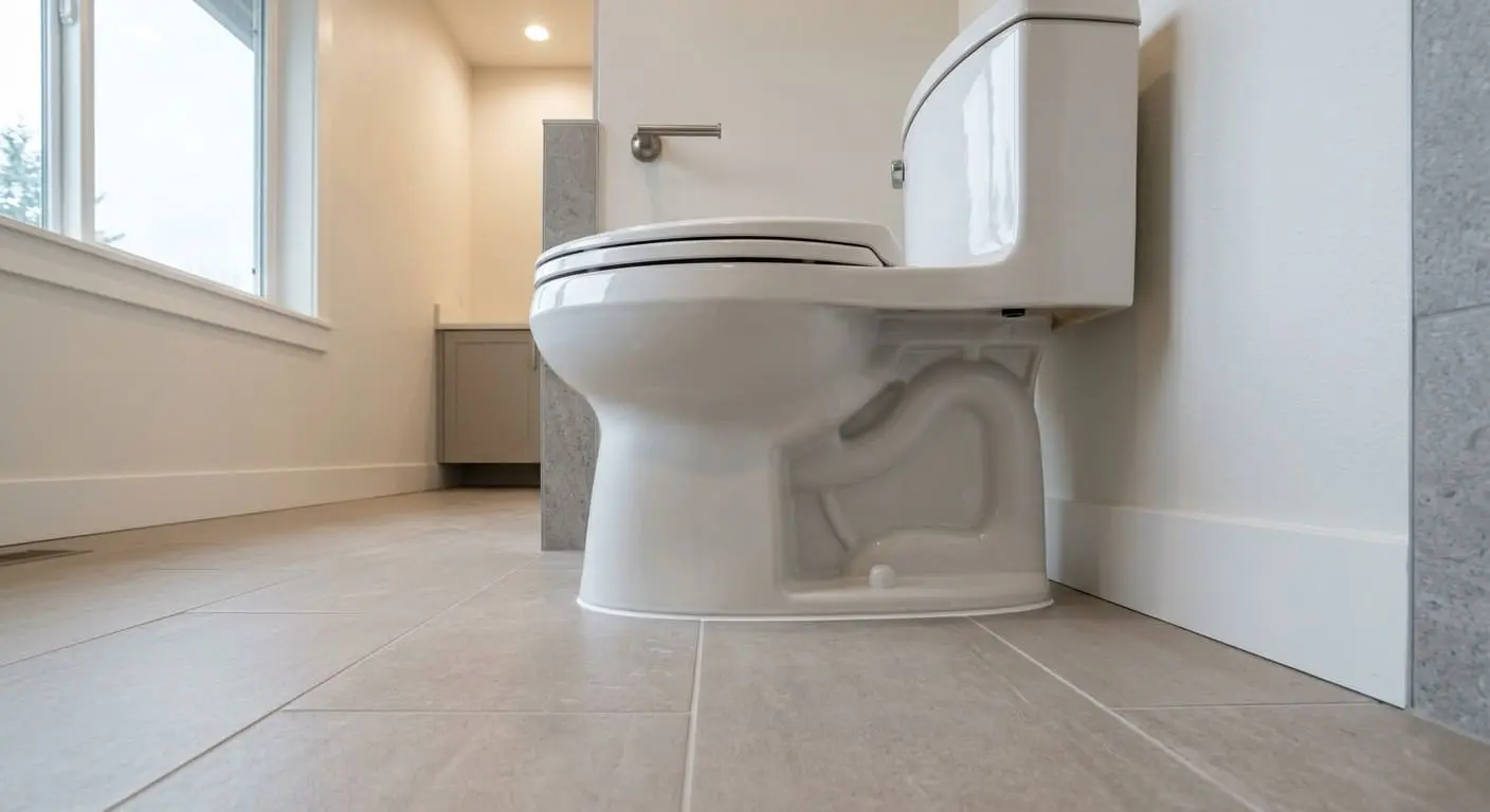 New standard toilet replacement installed in a residential bathroom with modern flooring and updated fixtures