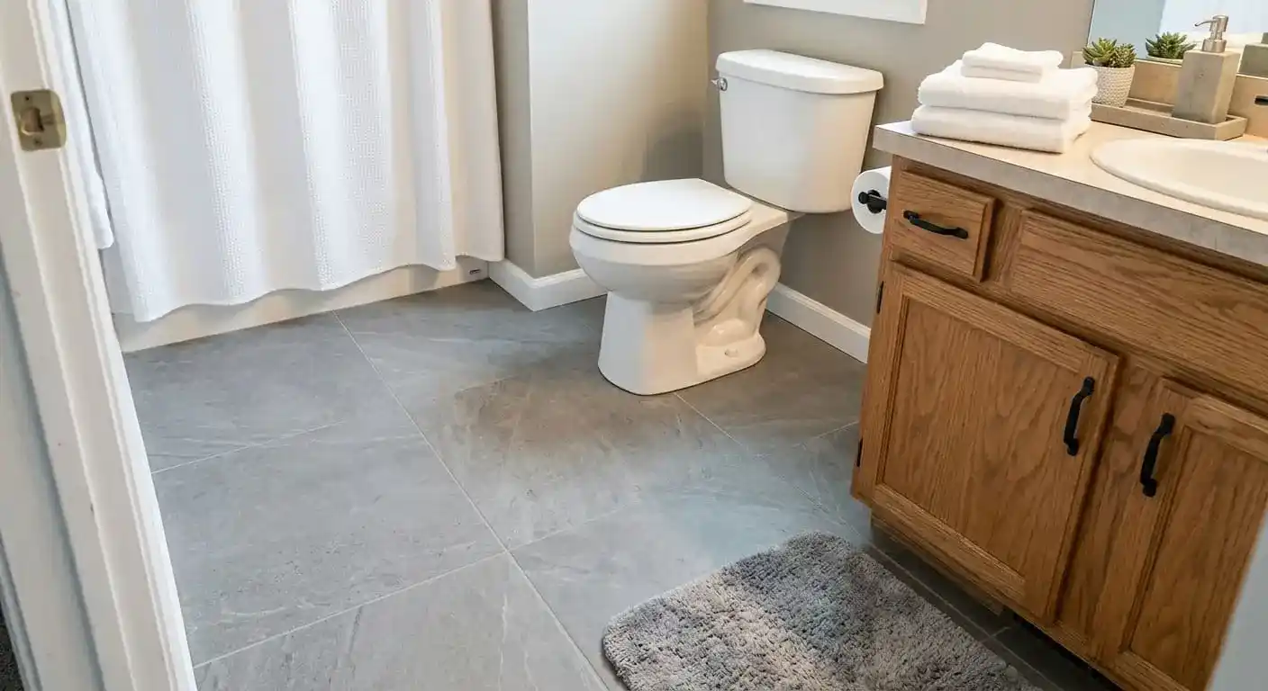 new porcelain tile bathroom floor installed after subfloor repair in Sunnyland home