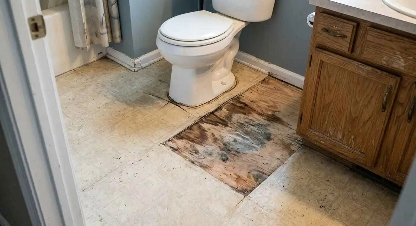 water damaged bathroom subfloor near toilet discovered during renovation in Sunnyland home