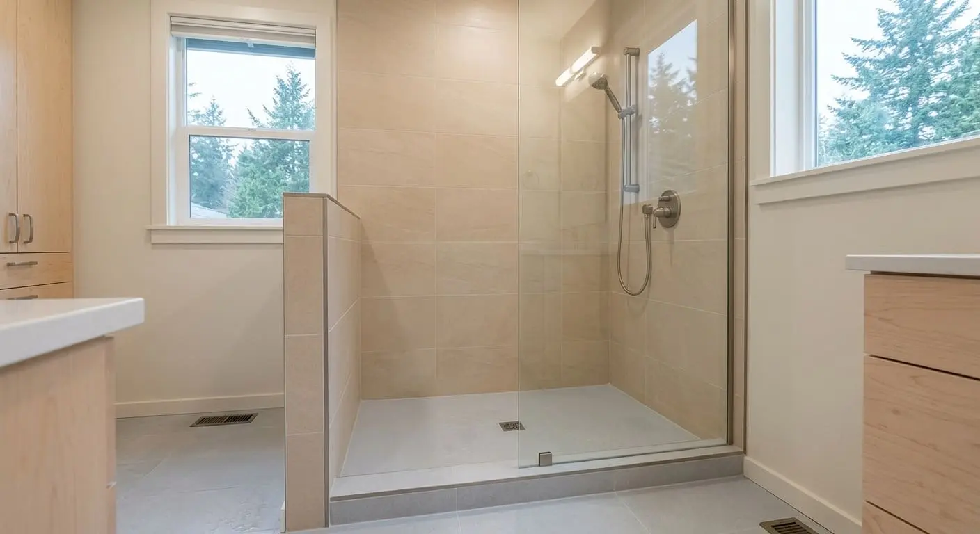 Tile-ready custom shower pan system with glass enclosure and low-threshold shower base