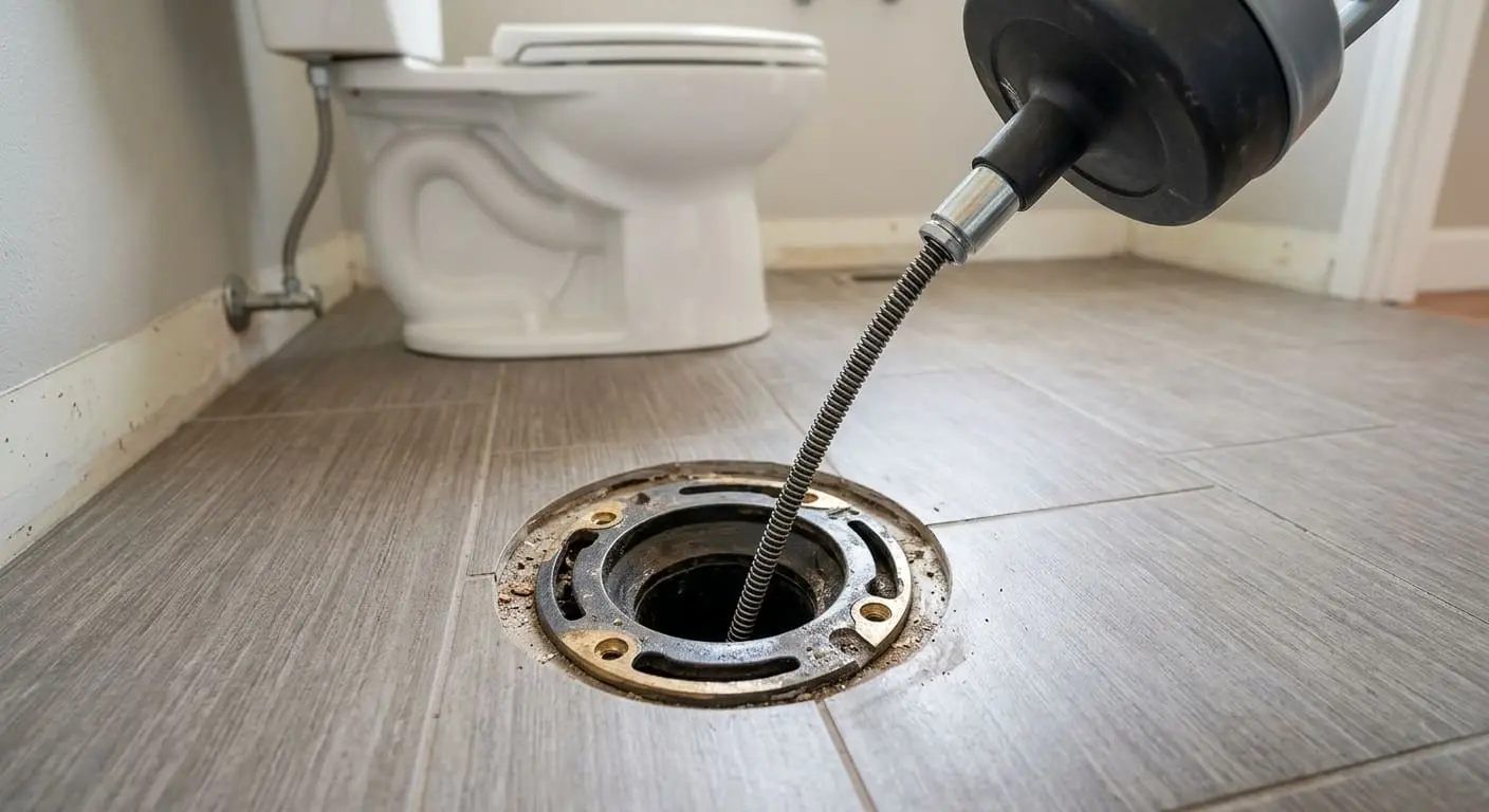 Toilet auger being used for drain clearing and blockage removal during toilet installation