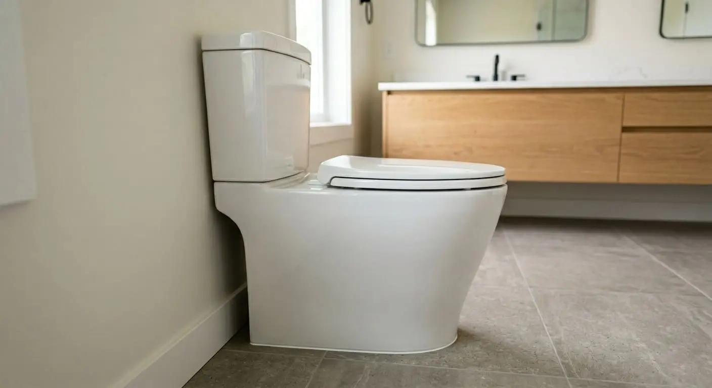 Modern toilet bowl and tank assembly installed in a residential bathroom in Bellingham WA