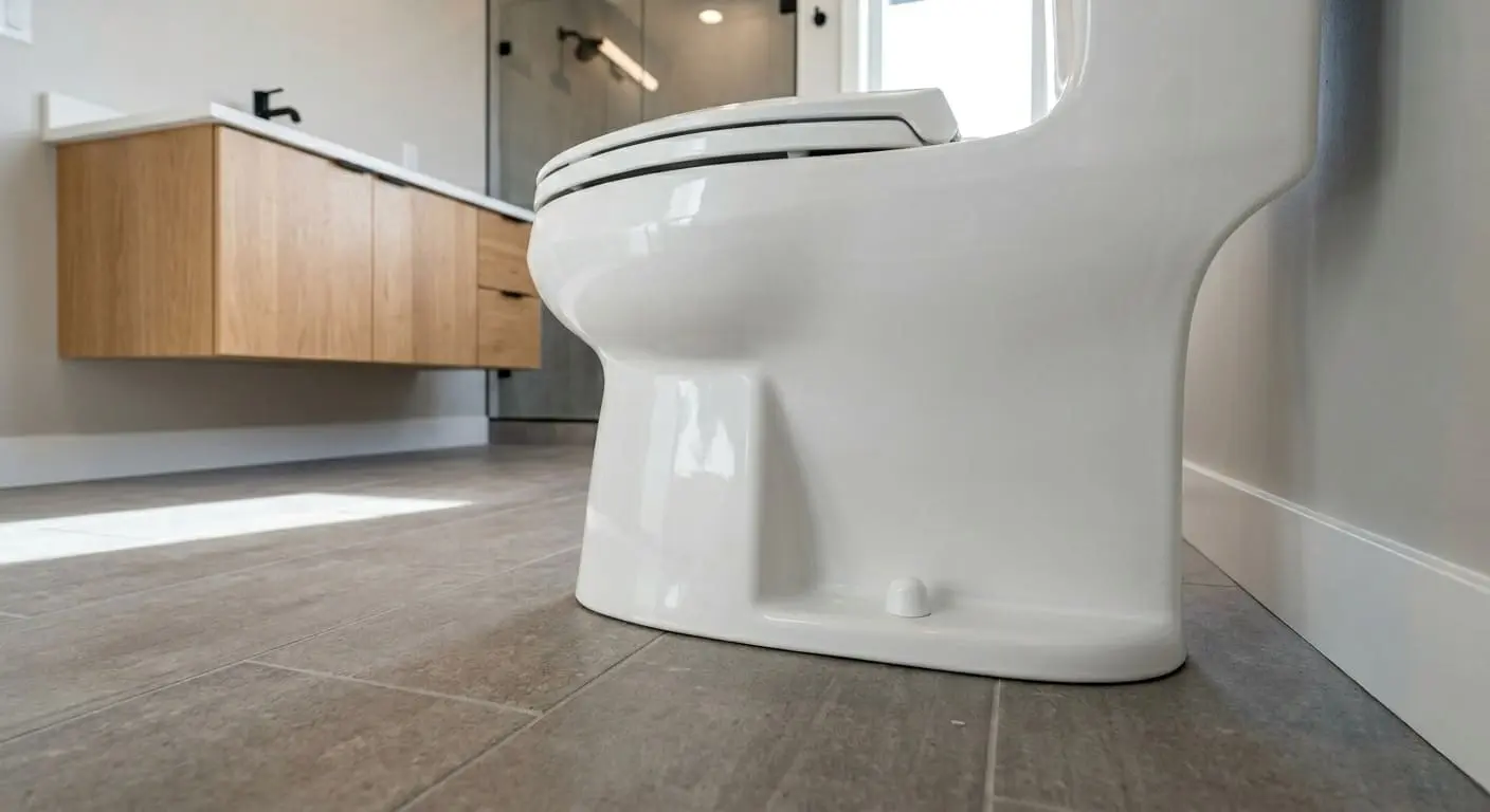 Toilet securely mounted and aligned during professional toilet installation