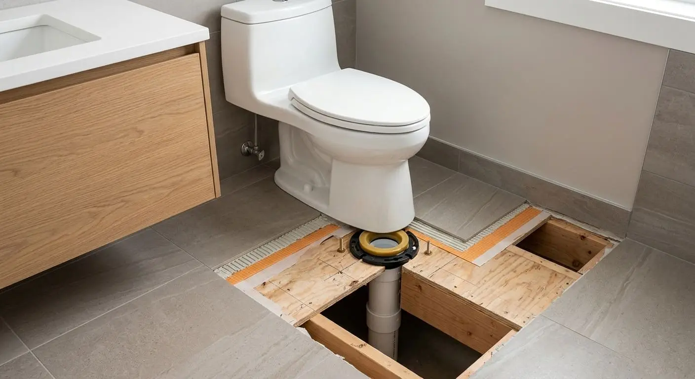Toilet installation structure showing flange connection subfloor and plumbing components in a Bellingham bathroom