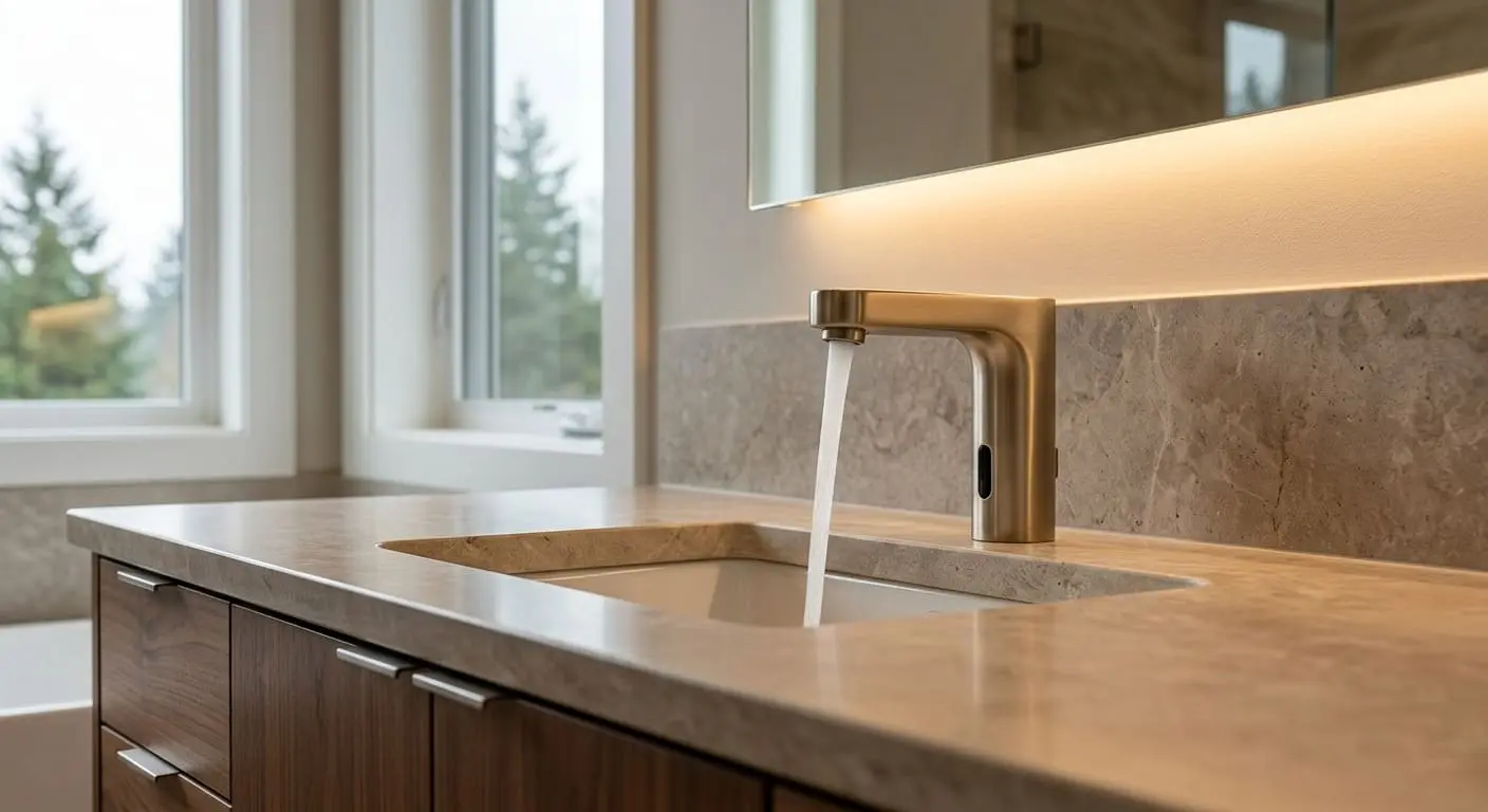 Touchless bathroom faucet upgrade installed on a modern vanity sink featuring motion sensor technology and water-saving functionality