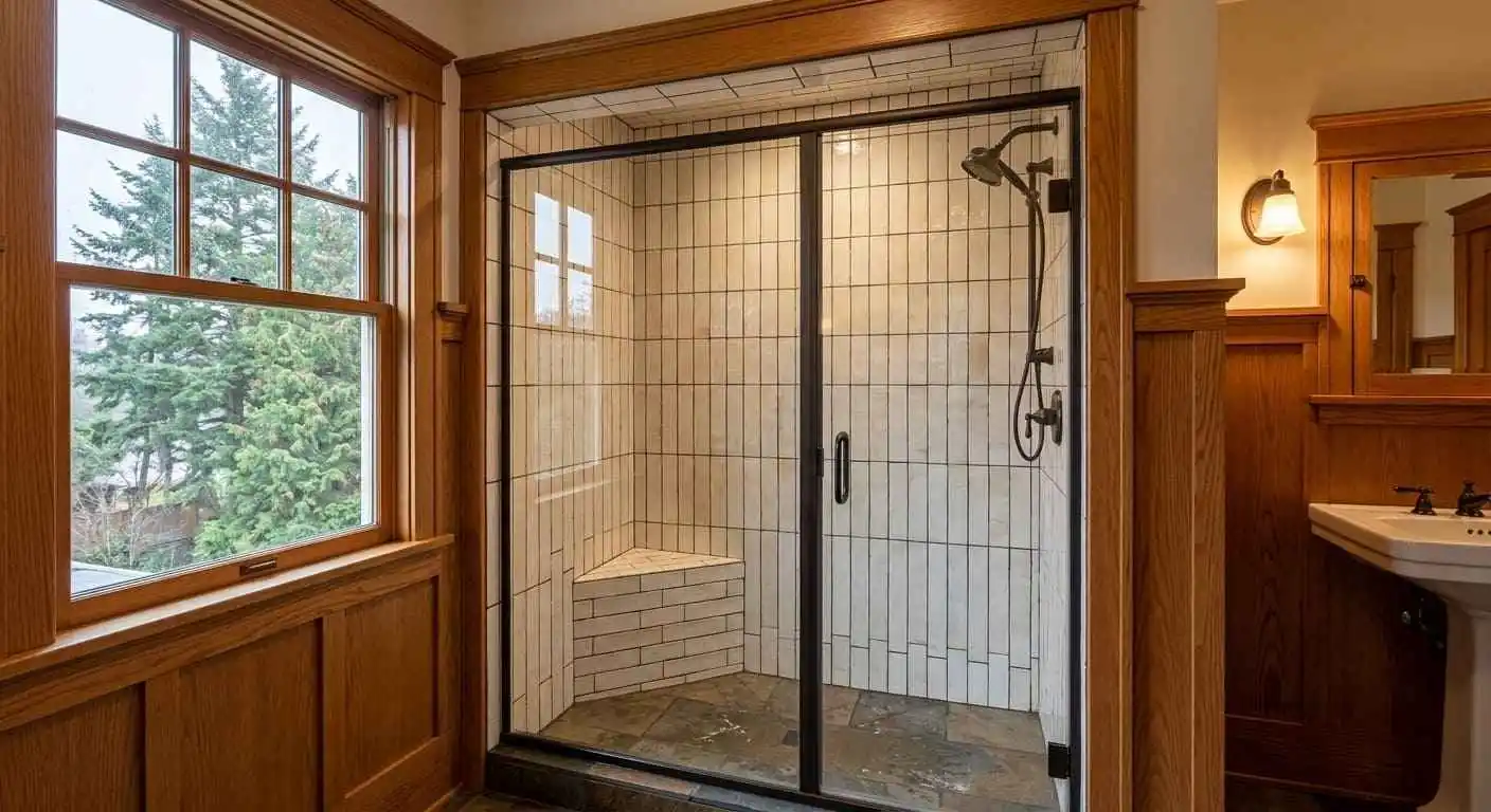 Traditional shower remodeling project featuring custom tile walls, built-in bench seating, and framed glass shower enclosure