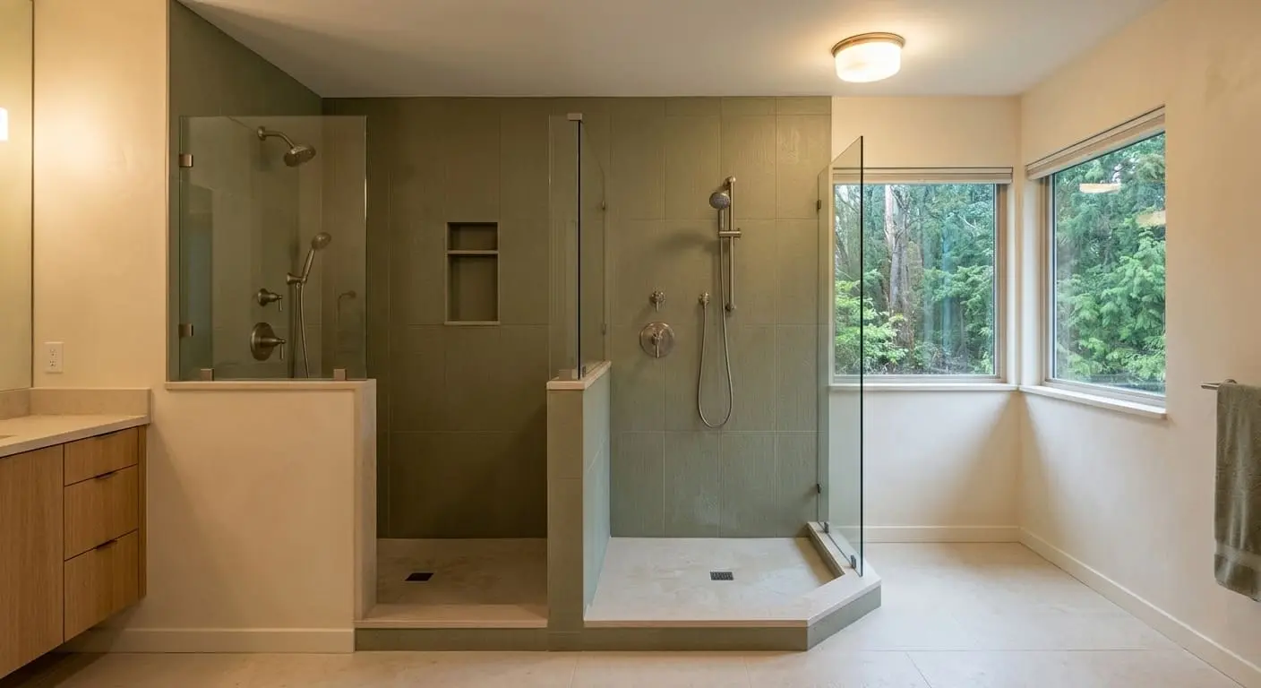 Tub to shower conversion showcasing two shower installation system options with glass enclosures