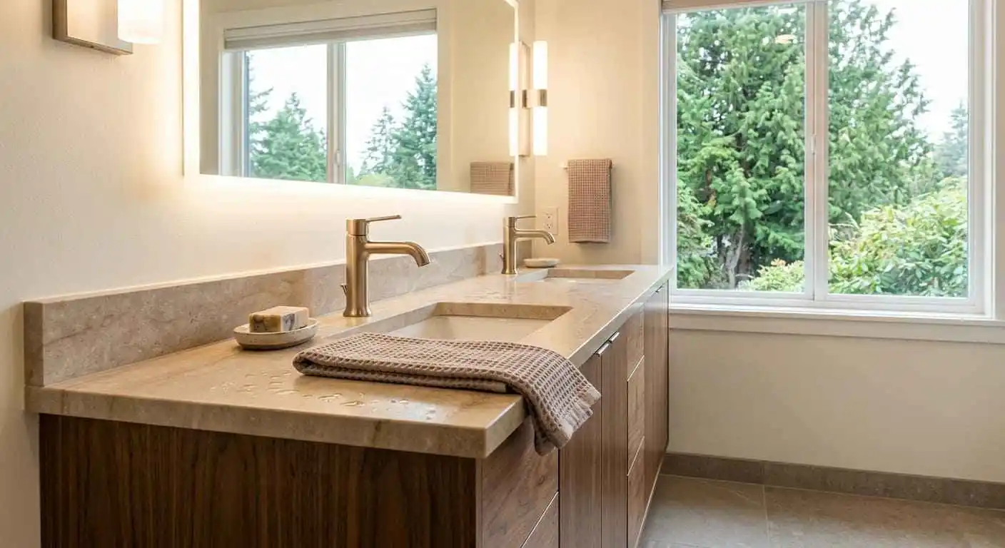 Double vanity faucet replacement project featuring upgraded bathroom faucets, modern sink fixtures, and remodeled vanity countertops