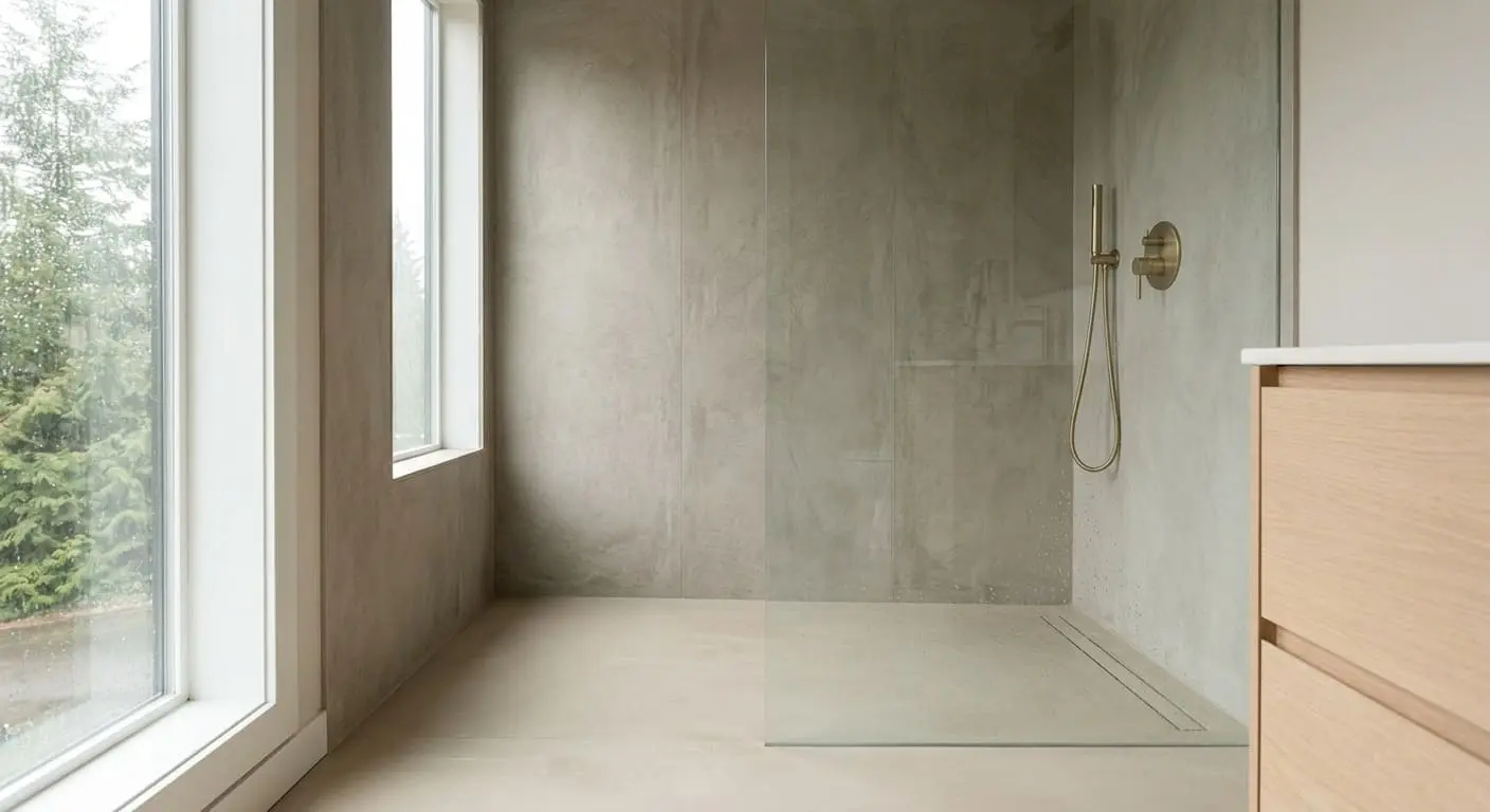 Frameless walk-in shower conversion with curbless entry and open bathroom layout