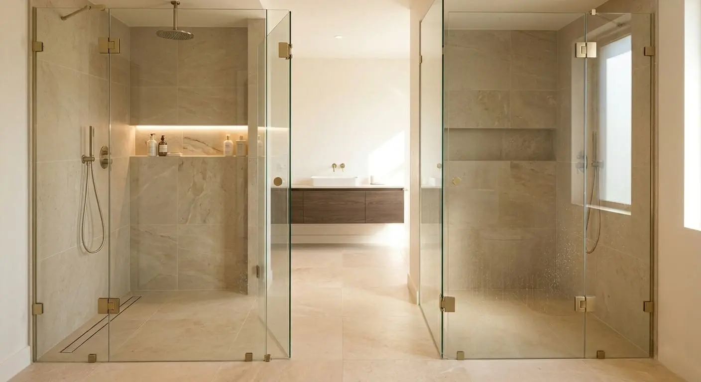 Custom walk-in shower installation featuring dual frameless glass showers, curbless entry design, waterproof porcelain tile, and built-in shower niches