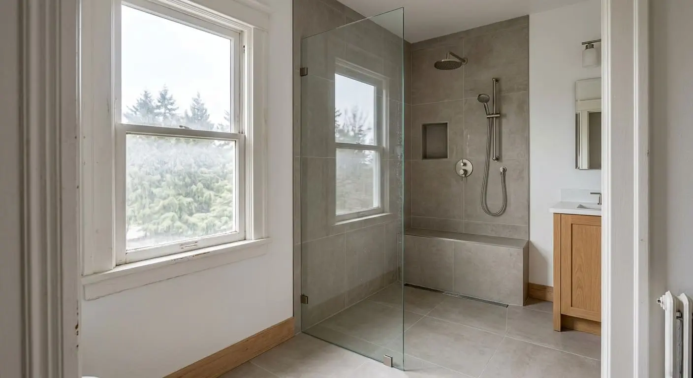 Modern walk-in shower with frameless glass panel, built-in bench, rainfall showerhead, and light gray tile walls