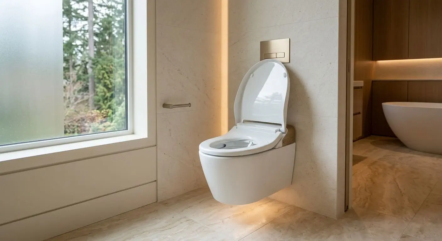 Wall-mounted smart toilet installation in a modern Bellingham bathroom with concealed tank and floating design