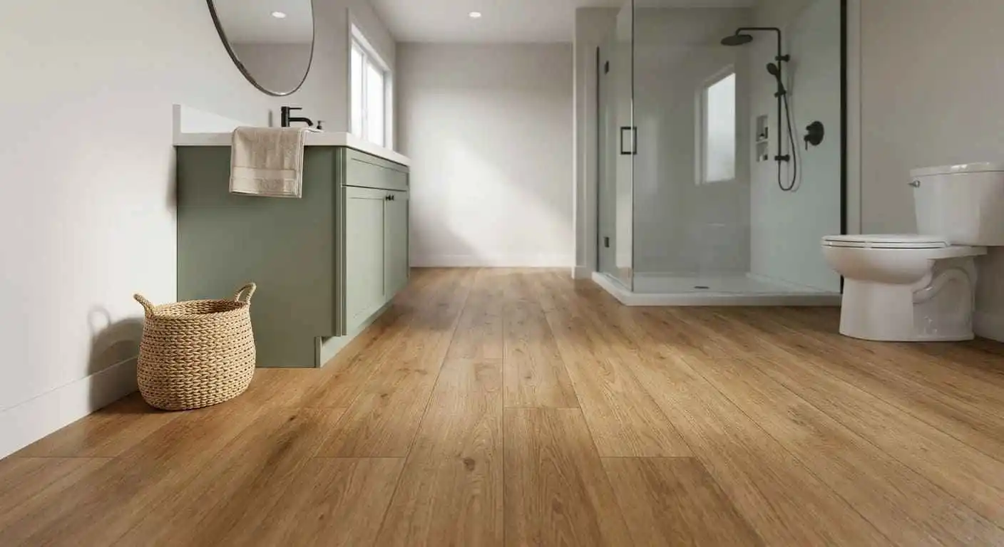 Waterproof wood-look luxury vinyl plank bathroom flooring with frameless shower in a Bellingham WA home