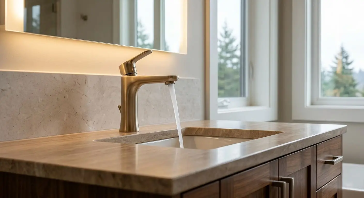 WaterSense certified bathroom faucet installed on a modern vanity sink designed for water efficiency and everyday performance