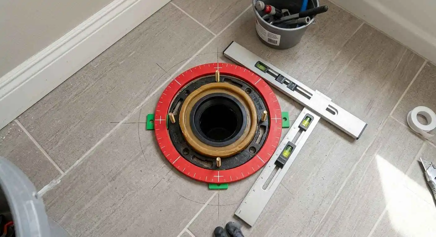 Wax ring alignment tool and leveling equipment used for proper toilet seal installation