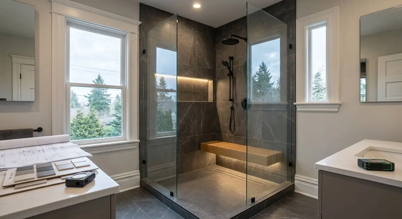 Professional shower remodeling project in Bellingham WA featuring custom design planning, frameless glass enclosure, premium tile work, and built-in shower bench