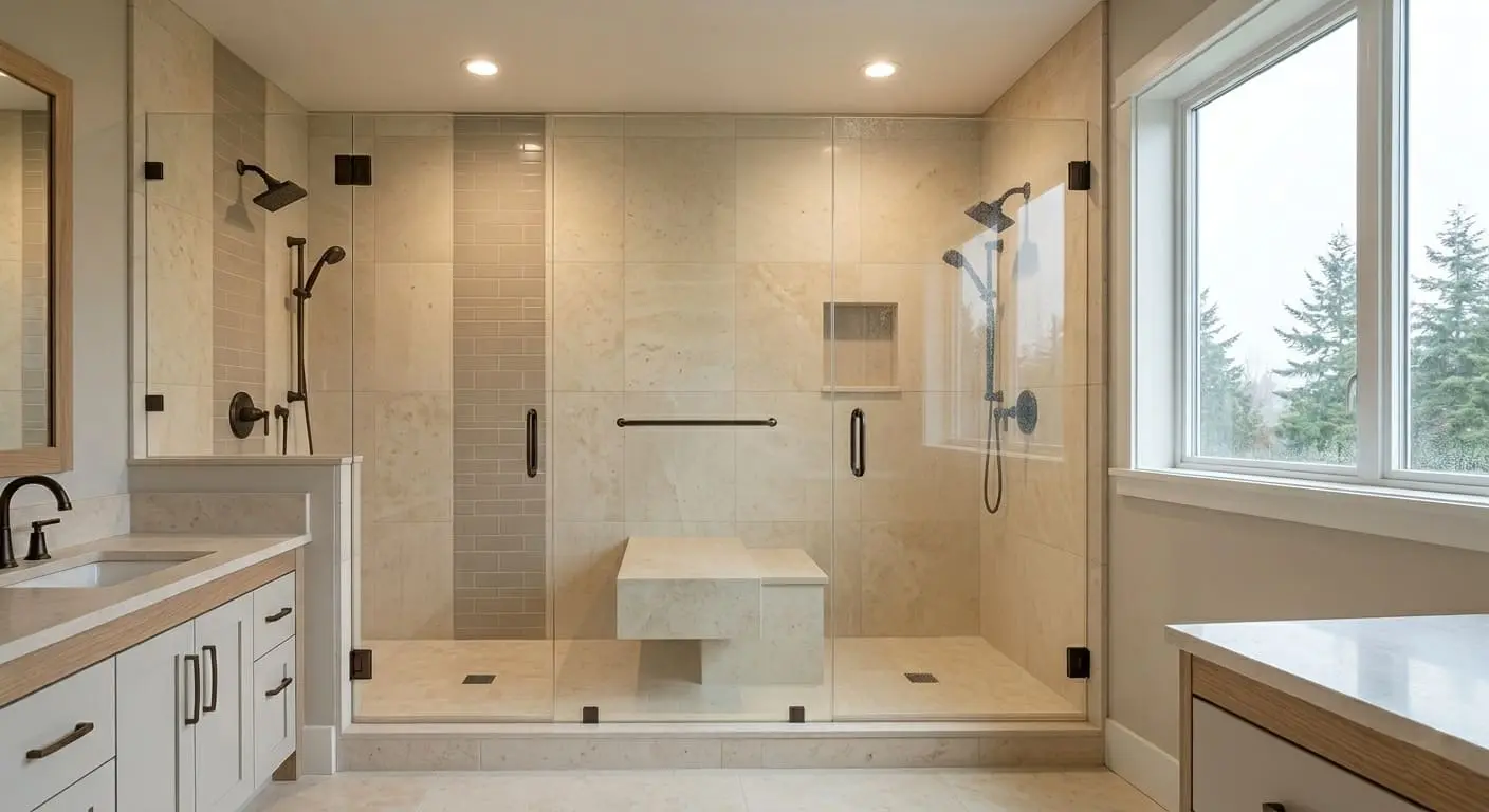 Modern tub to shower conversion with frameless glass enclosure and built-in shower bench